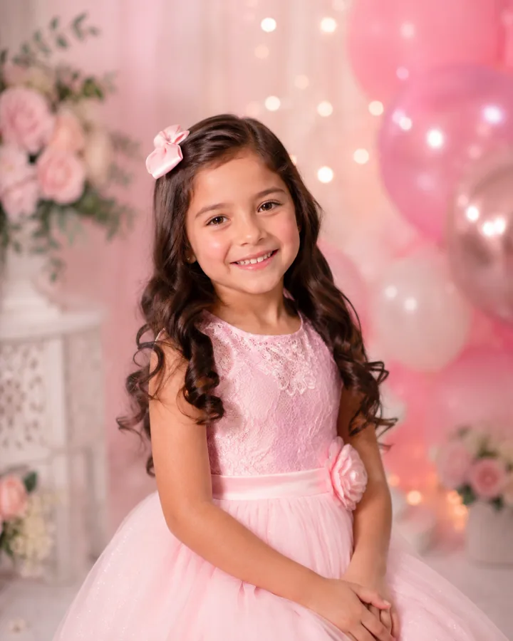Sofía sonriendo con vestido rosado